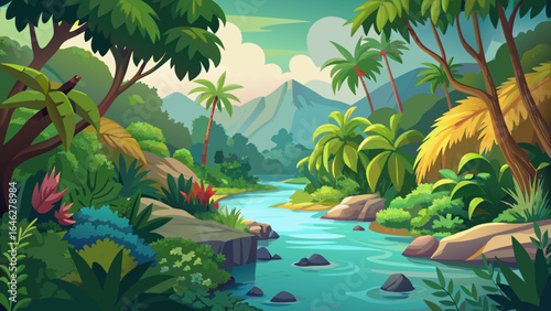 A lush tropical river winds gently through dense greenery, its clear waters gliding past vibrant water plants, reflecting the serene natural setting in a captivating semi-realistic artistic vision.