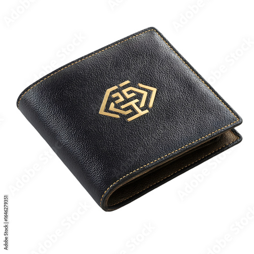 Elegant black leather wallet with intricate gold emblem on a transparent background isolated on transparent background
