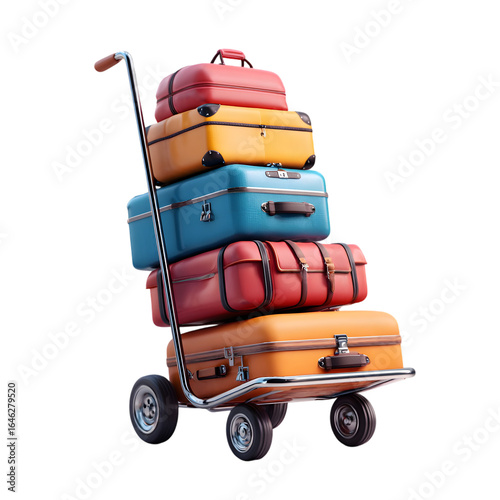 Vintage luggage stacked high on a metal trolley cart ready for travel or moving isolated on transparent background