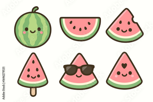 Cartoon watermelon icon set with 6 adorable designs, from whole fruits to playful slices, on white background. Ideal for stickers, menus, and seasonal graphics