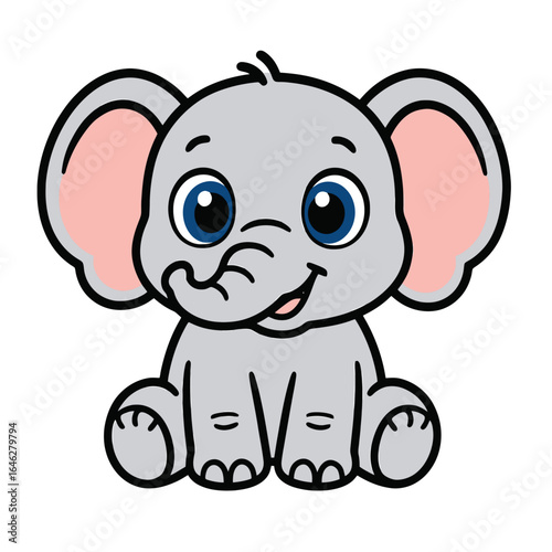 Adorable gray cartoon elephant with large pink ears and happy expression on white background. Ideal for children’s designs, stickers, and animal-themed projects
