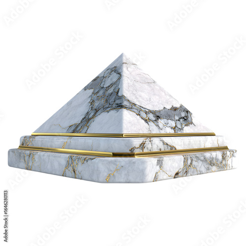 Elegant white marble pyramid with gold accents resting on a tiered base isolated on transparent background