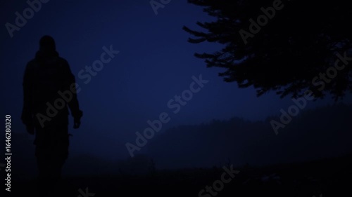 A lonely man at night in the forest
