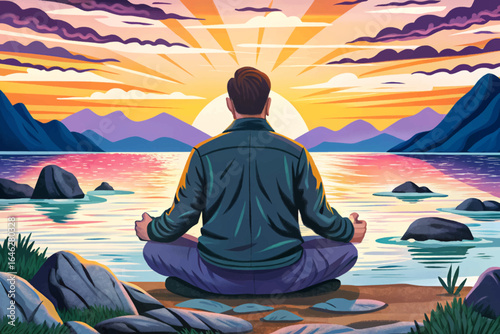 Man meditating on rocky shore at sunset, gazing at calm ocean and distant mountains, embodying serenity, mindfulness, and peaceful connection with nature’s beauty.