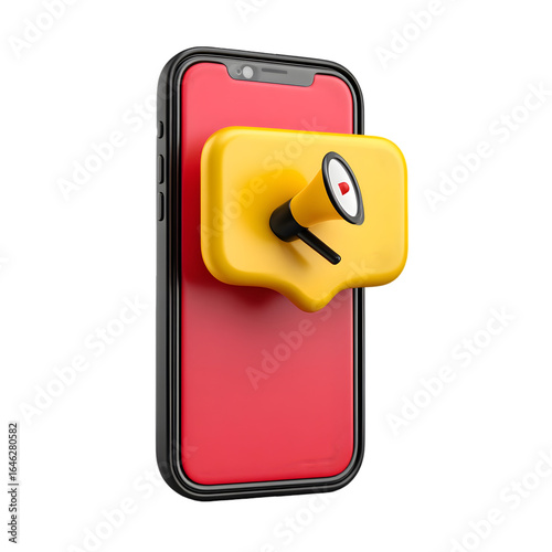 Modern smartphone displaying a bright yellow speech bubble with a megaphone icon symbolizing announcement or promotion isolated on transparent background