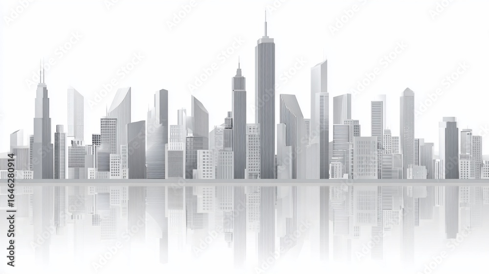 Fototapeta premium Monochromatic cityscape with skyscrapers, reflected in water. Minimalistic illustration