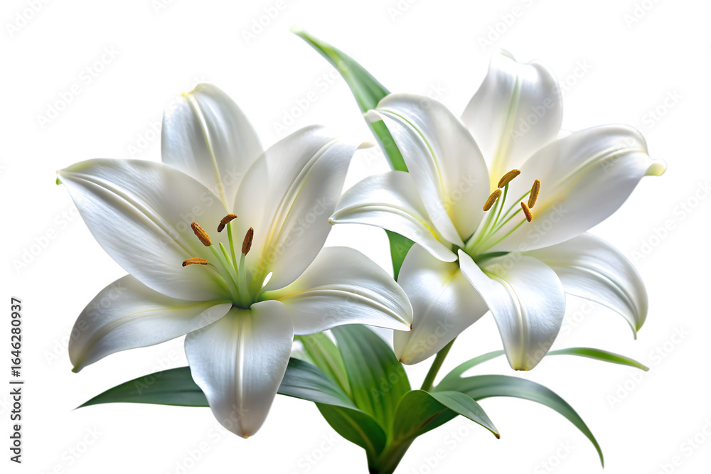 Naklejka premium Two elegant white lilies with delicate petals and green leaves, isolated on a transparent background, symbolizing purity and beauty