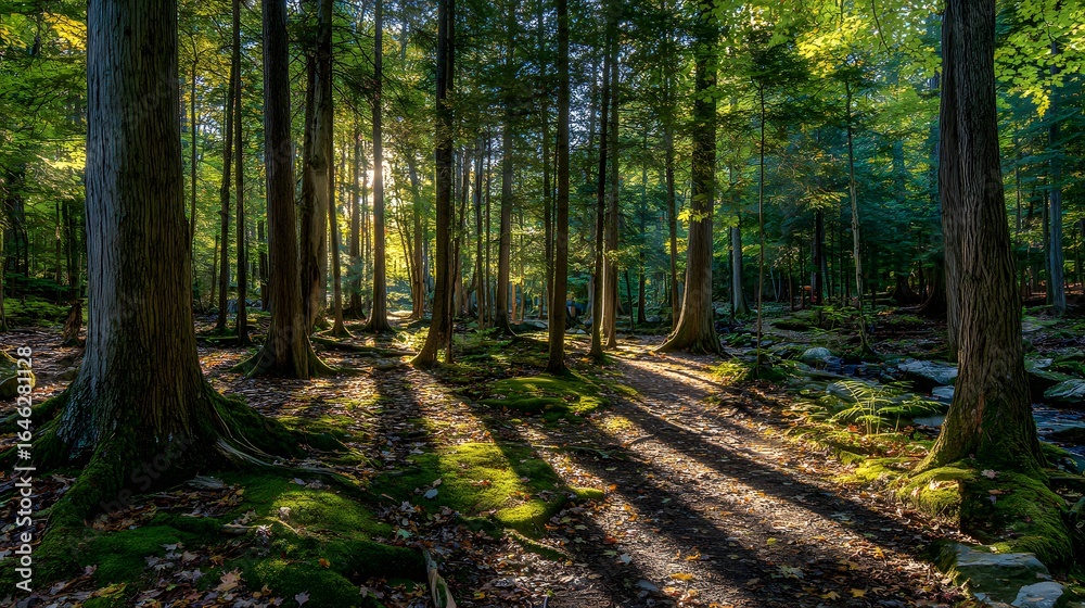 Obraz premium Sunlight streams through a dense forest path.