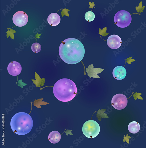 Beautiful seamless tile pattern with multi-colored transparent glowing currant berries
berries with leaf on purple background