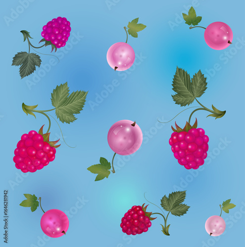 Seamless tile pattern with different pink berries: raspberries and currants
on a blue background