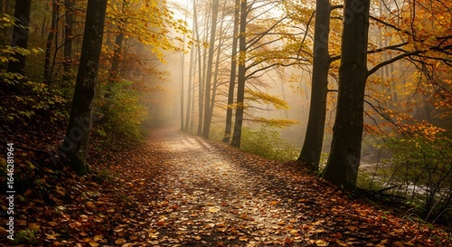 Fototapeta Naklejka Na Ścianę i Meble -  Path through autumn forest bathed in golden sunlight with fallen leaves
