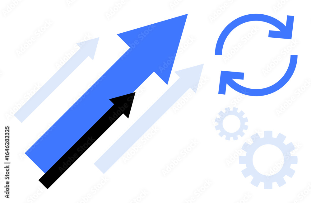 Dynamic upward arrows with gears and circular motion icon emphasize growth, process improvement, and productivity. Ideal for business success, innovation, strategy, technology, workflow, teamwork Dynamic upward arrows with gears and circular motion icon emphasize growth, process improvement, and productivity. Ideal for business success, innovation, strategy, technology, workflow, teamwork