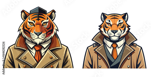 Confident Tiger Mascot Wearing Trendy Trench Coat Clean Urban Vector Design