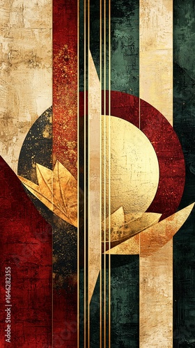 Abstract geometric art with golden leaves, circles, and textured backgrounds in red, beige, and dark green