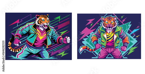 Dynamic Tiger Mascot in 80s Neon Jacket and Leg Warmers Retro Vector Logo Design