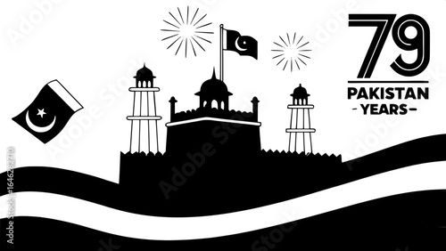 "Elegant vector illustration for Pakistan’s 79th year of freedom, showcasing the Red Fort with waving tricolor trails in the sky, clean lines, gradient backgrounds, and celebratory fireworks."