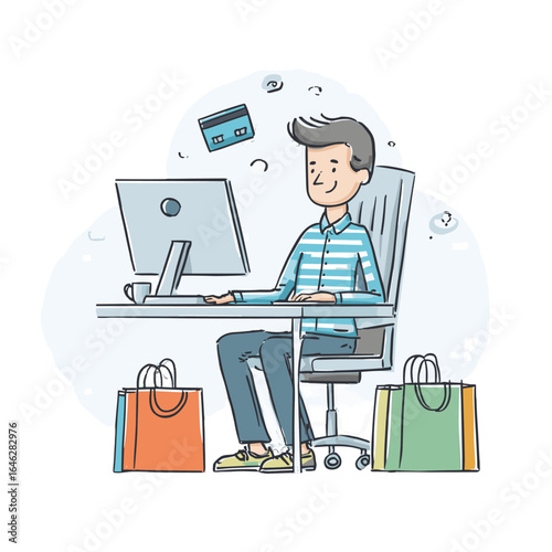 Man sitting in front of the computer buying a lot online cartoon illustration
