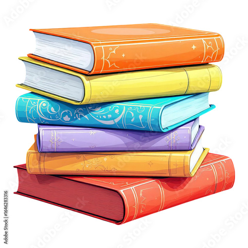 Stack of hardcover books with colorful covers, isolated on a white background