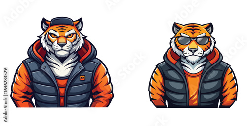 Trendy Tiger Logo in High Collar Puffer Jacket with Sunglasses Urban Fashion Icon