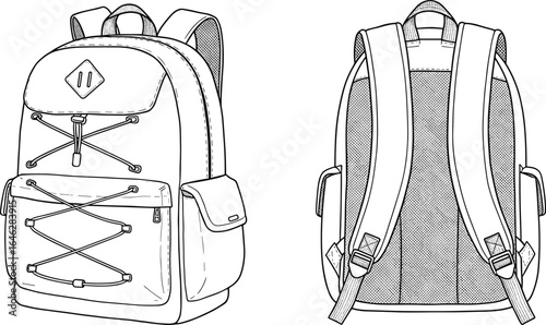 Backpack technical drawing, front and back view, bungee cord system, padded straps, mesh panel, side pockets, adjustable gear design