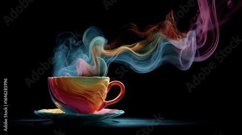 A colorful cup of hot beverage rising vibrant, rainbow smoke against the dark