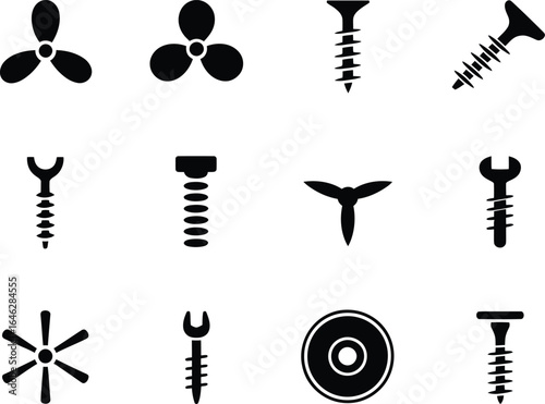 Assorted black and white vector icons featuring mechanical parts and fasteners for technical illustrations and designs showcasing engineering precision and functionality