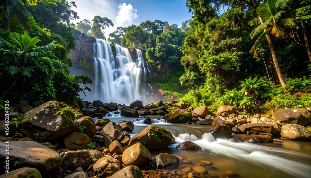 Obraz premium Lush Waterfall in Tropical Rainforest