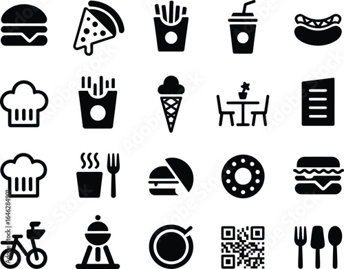 Assorted Food and Restaurant Icons Collection Black and White Vector Illustration Representing Diverse Culinary Offerings and Services
