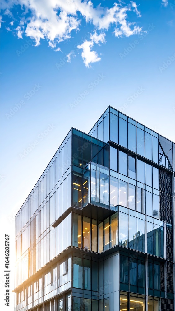 Fototapeta premium Modern glass office building against a bright sky