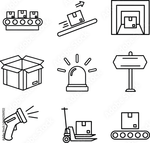 Industrial logistics icons conveying goods, shipping, and warehousing services.