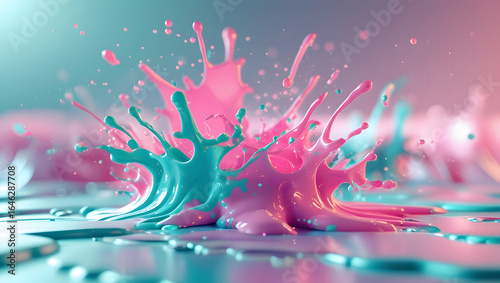 Vibrant Pink and Cyan Paint Splash in Abstract 3D Rendering – Color Explosion Artwork