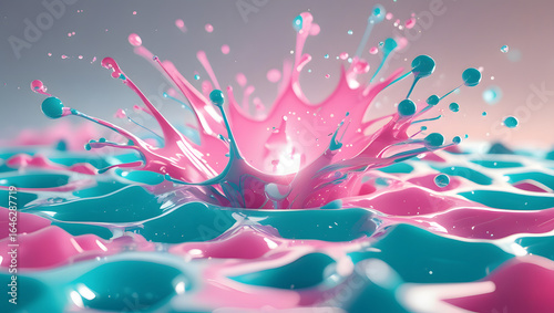 Vibrant Pink and Cyan Paint Splash in Abstract 3D Rendering – Color Explosion Artwork