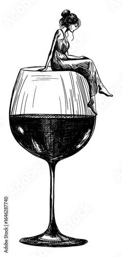 woman sitting on the rim of large wine glass filled halfway isolated hand drawn sketch illustration poster card lifestyle wine culture introspection longing concept design
