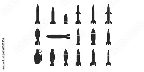 Silhouette icons of various missiles and grenades on white background