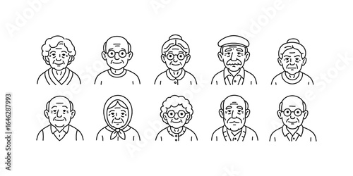 Diverse elderly faces line art in minimalist style