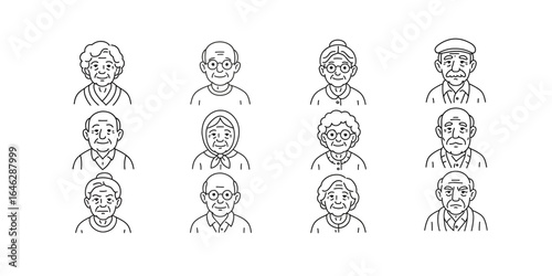Hand-drawn portraits of elderly individuals highlighting diversity and expression