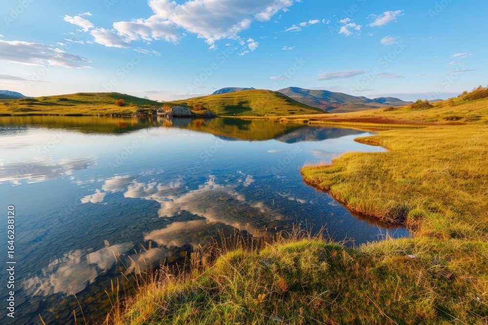 Naklejka premium Serene lake mirroring the sky with grassy shores and distant hills under a bright cloudy sky view landscape