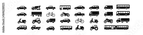 Silhouette icons of diverse transportation vehicles: cars, bikes, and more