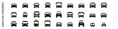 Silhouette set of front view vehicles: cars, buses, tractors, and more