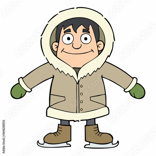 winter explorer with elongated limbs in parka and snowshoes – seasonal vector for outdoor gear, travel brochures, and holiday campaigns