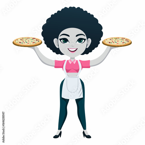 playful chef woman with elongated limbs tossing pizza – delicious vector for food blogs, menus, and culinary promotions