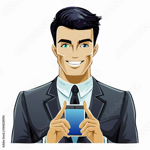  corporate professional with elongated limbs holding smartphone – sleek vector for business presentations, tech startups, and corporate branding