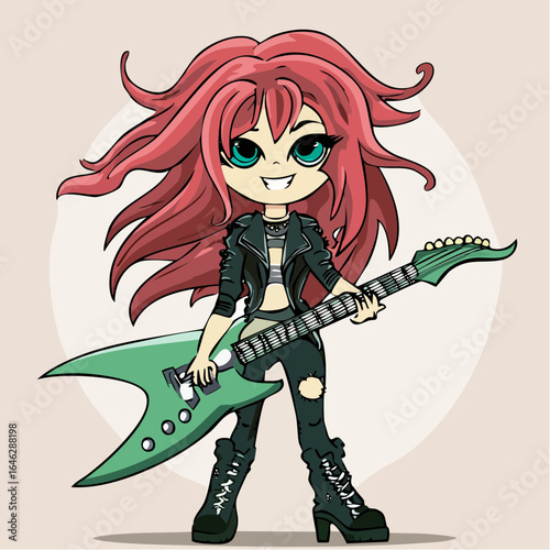 rock-and-roll heroine with elongated limbs and neon guitar – dynamic vector for music promotions, band posters, and edgy branding