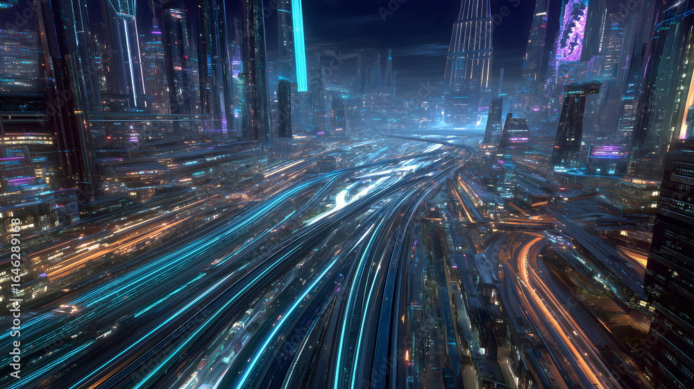 Obraz premium Futuristic City Traffic Flows Like Streams of Light
