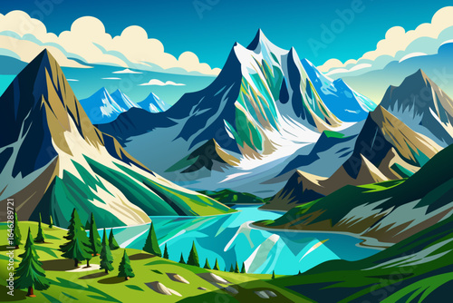 vector of Swiss Alps with glaciers and emerald lakes