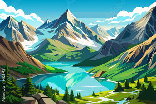 vector of Swiss Alps with glaciers and emerald lakes