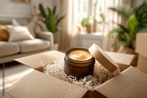 Natural cosmetic cream in eco-friendly packaging delivered to a cozy home.