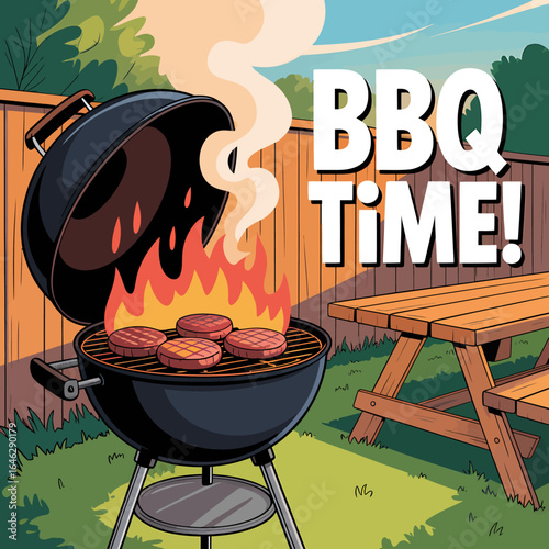 Illustration of Outdoor Barbecue Scene with Grill Burgers and Picnic Table Ideal for Summer Cookouts and Family Gatherings