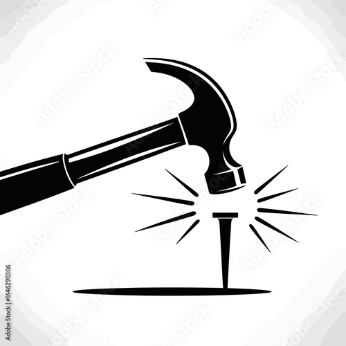 Hammer striking a nail with force impactful power and energy in black and white illustration vector showing construction carpentry and industry