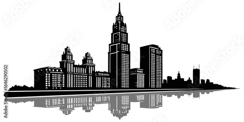 Silhouette of a city skyline with tall buildings and a reflection in black and white design style art created with generated ai